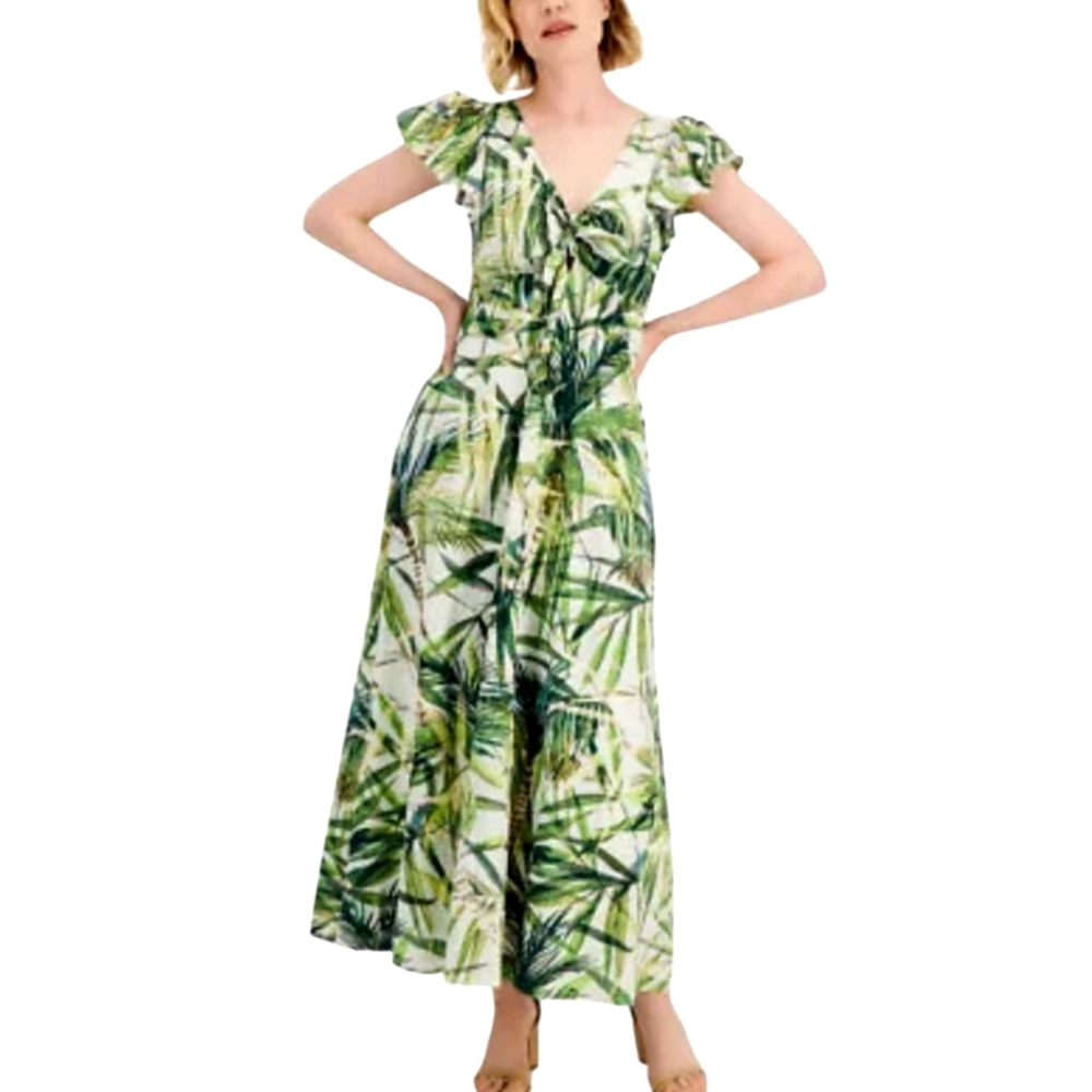 Taylor Nwot Tropical Green Leaf Print Tie Front Flowy Resort Wear Maxidress